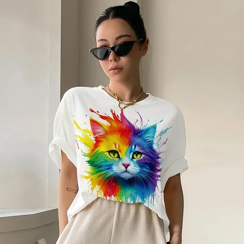 3D Pet Cat Printed Women's T-shirt Summer New Women's Top Sports Leisure Harajuku Fun Women's Clothing Short sleeved T-shirt