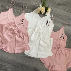 Satin Rüschen Cami Set Personalisierte Hochzeit Pjs Brautjungfer Geschenk Braut Pyjamas Satin Kurze Pyjamas Braut Nachtwäsche Brautjungfer Set