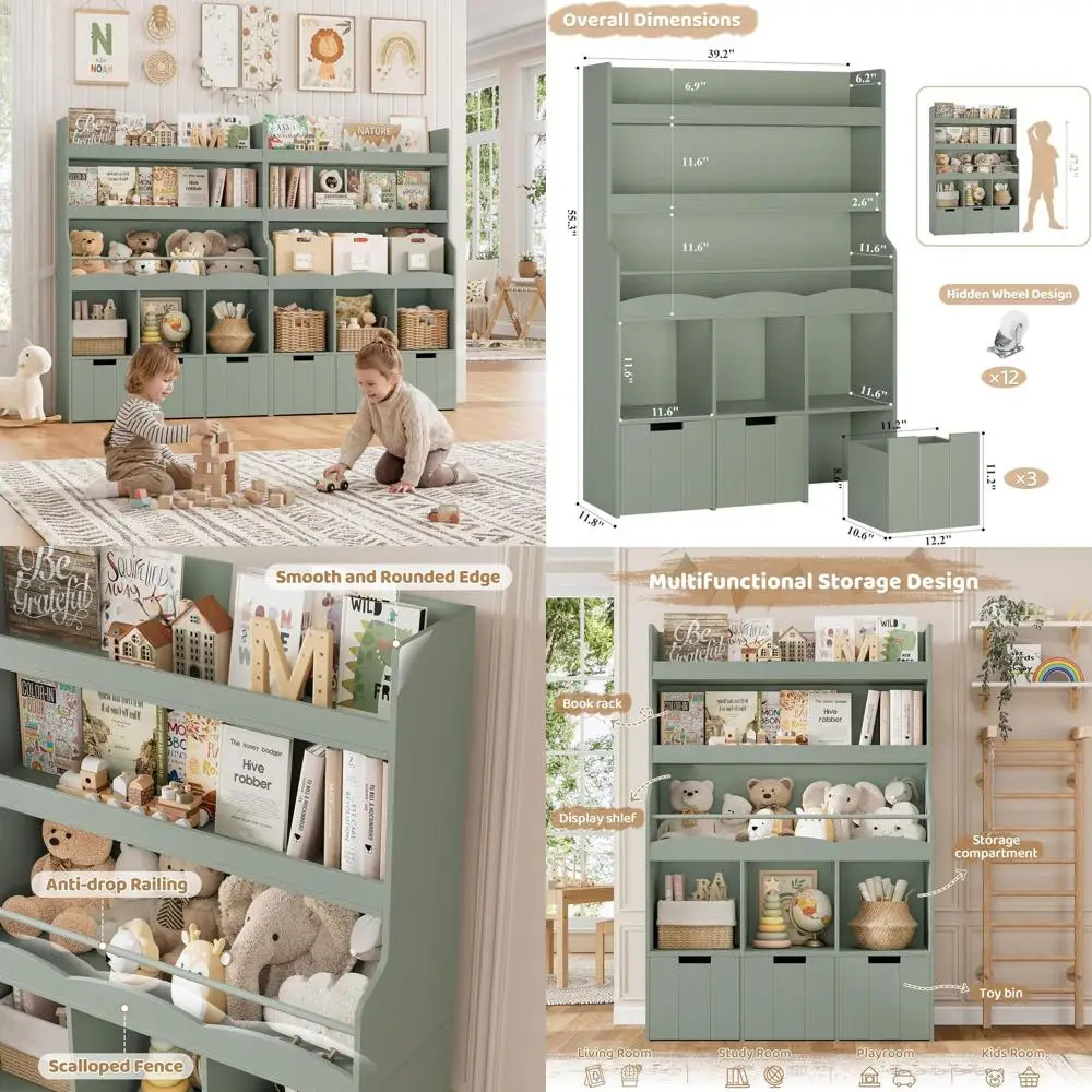 

Высокий детский книжный шкаф 55,3 дюйма с 3-секционным отсеком для игрушек, большой книжный шкаф для игровой комнаты, зеленый