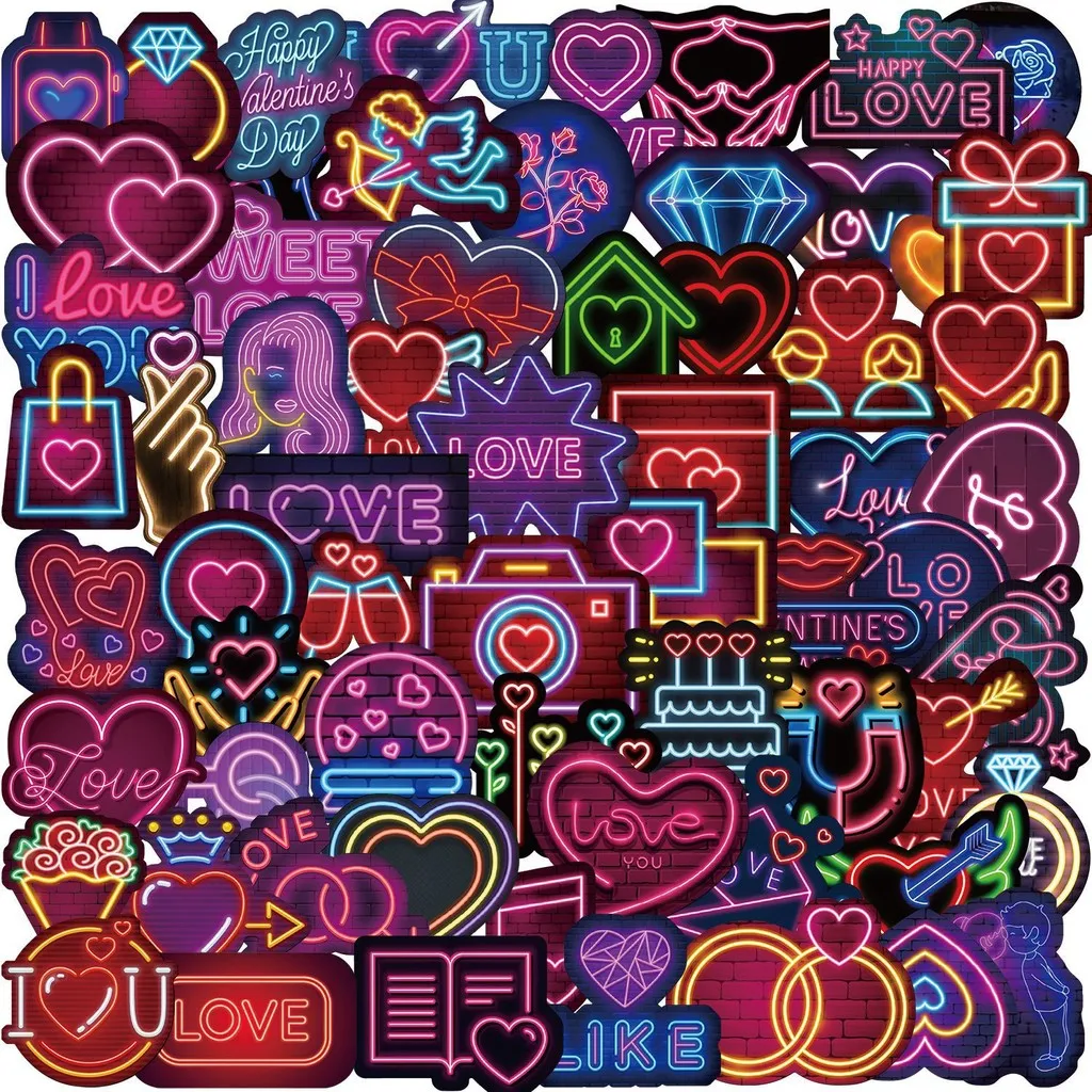 64PCS Neon Valentinstag Graffiti Aufkleber für Gepäck Telefon Fall Laptop Notebook Aufkleber Kinder Geschenk (Anime Worlds Store)