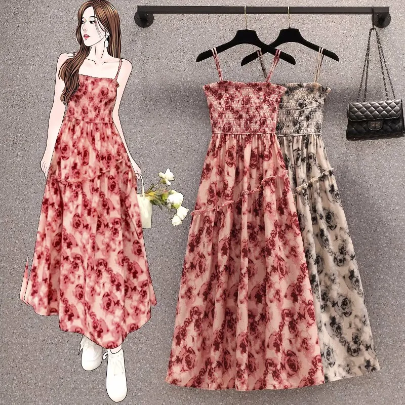 Summer Beach Long Vintage Rose Casual Ruffles Maxi Strap Camis Elegant Everning Night Plus Size Dress Vestidos Sexy Women