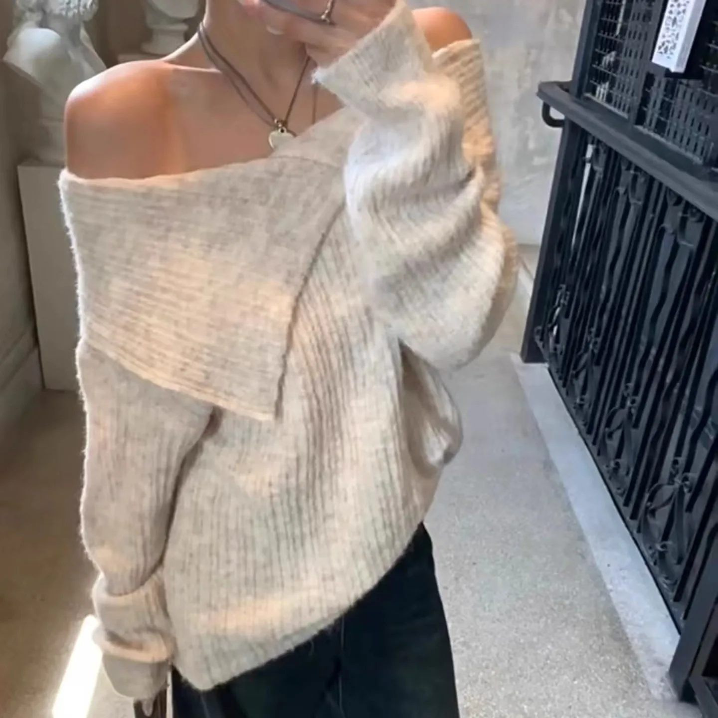 

Fold Over Off the Shoulder Sweater Women Knit Long Sleeve Pullover Plain Jumper Fall Winter Suéter Ligero