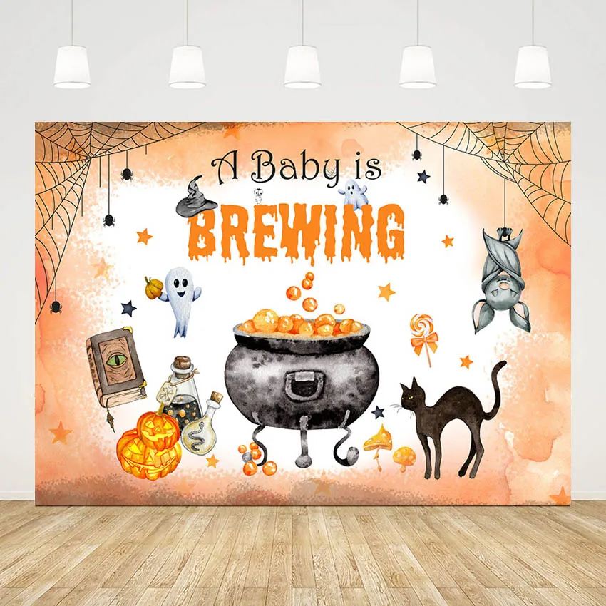 Baby Shower Backdrop A Baby is Brewing Photography Background Party Banner Spider Web Witch Magic World Decor Photoshoot Studio