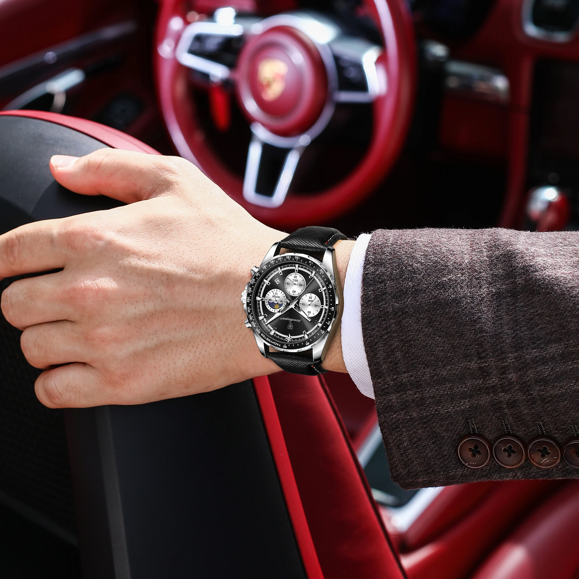 Men's Luminous Waterproof Chronograph Leather Wristwatch