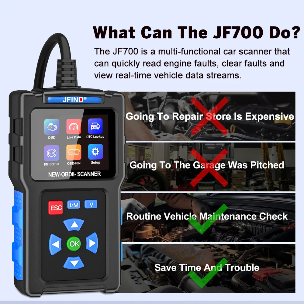 Car OBD2 Scanner JF700 Code Reader Diagnostic Tool Car OBD 2 Fault Code Reader Engine Check Live Data Battery Voltage Tester I/M
