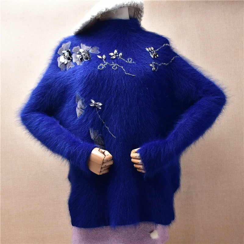 Ladies Women Fall Winter Clothing Blue Beaded Sequins Hairy Mink Cashmere Knitted Split Turtleneck Loose Pullover Sweater Jumper