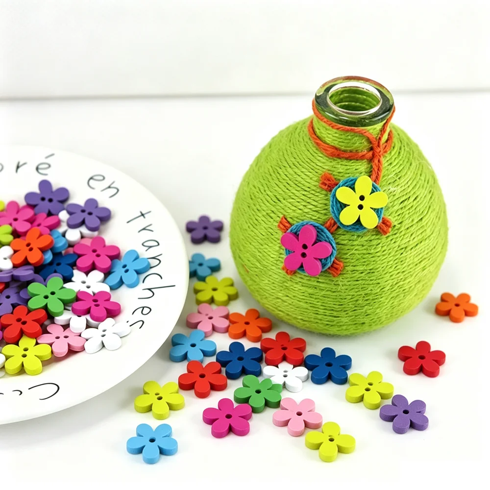 100 Pcs/Pack Wooden Colorful Plum Blossom Buttons 15/20Mm Sewing Buttons for Scrapbook Crafts DIY Handmade Sewing Accessories