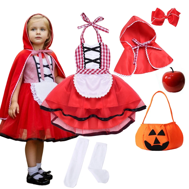 Girls Little Red Riding Hood Halloween Costume Kids Hooded Cape Dress Fairy Tale Holiday Party Cosplay Fancy Dress Outfit