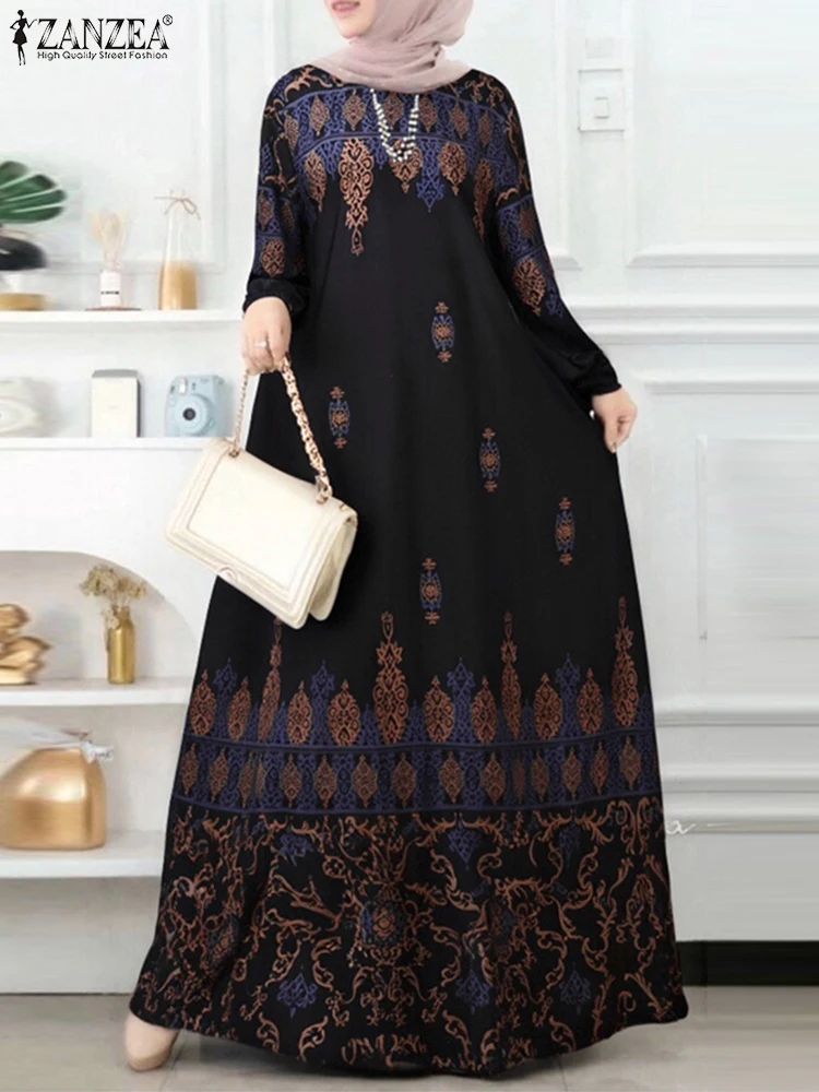 

ZANZEA Muslim Fashion Women Vestidos Casual Ethnic Print Hijab O-Neck Vintage Maxi Dress Islamic Loose Long Sleeve Abaya Robes