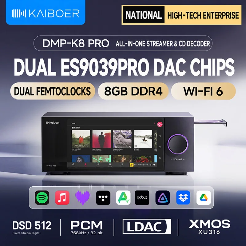 Hi-Fi Music Streaming CD Player with DAC decoder Kaiboer DMP-K8PRO Featuring 2x ESS9039PRO+Dual-femtosecond crystal 10pcs chips