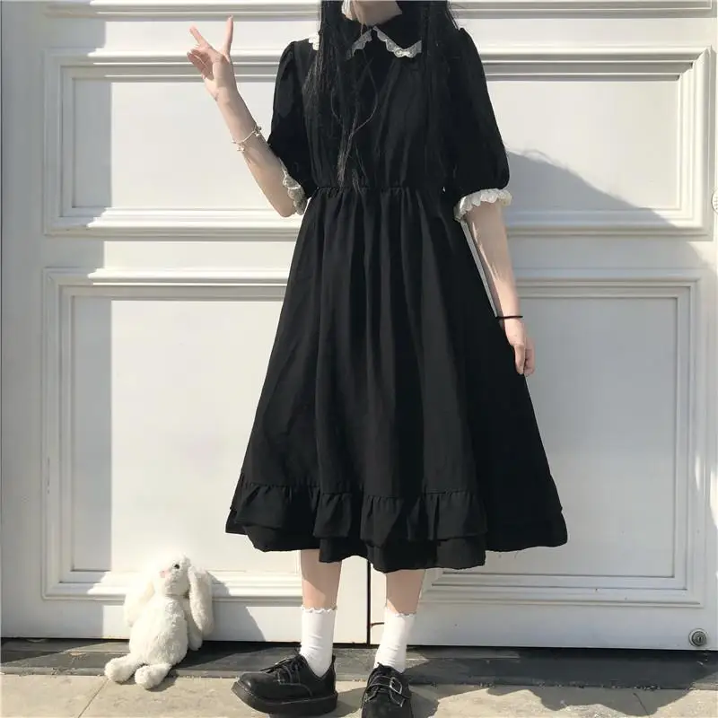 New Black Kawaii Lolita Dress Sen Girls Fairy Cute Lolita Doll Neck Fluffy Sleeve Dress Fashion Women's Wear