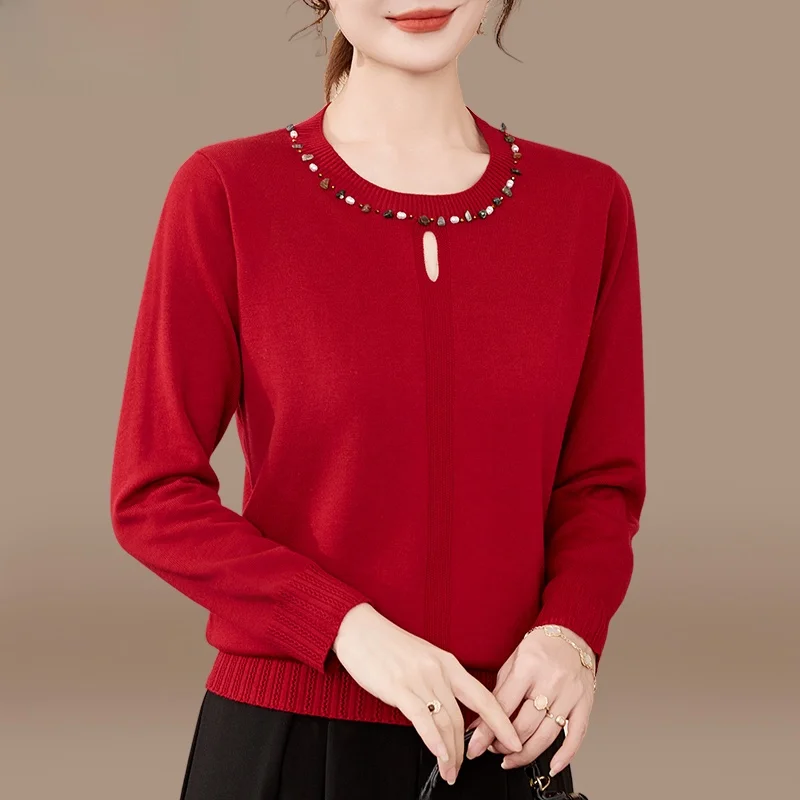 

Модный трикотажный топ с длинным рукавом для женщин среднего возраста, осенне-весенний, из полиэфирного волокна, с круглым вырезом