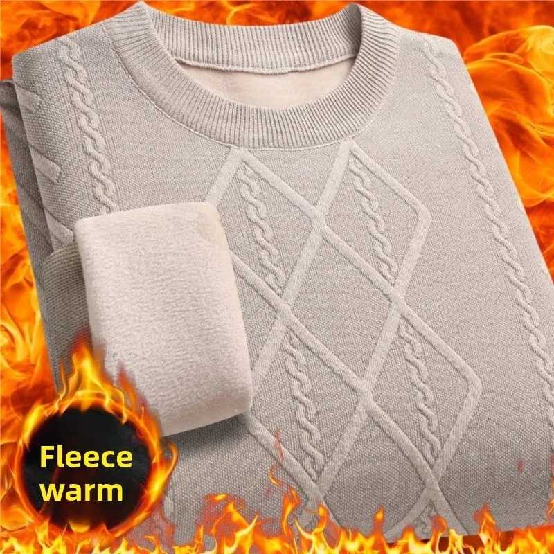 

Winter Sweater Men's Fleece Solid Breathable Round Neck Loose-fit Pullover Comfortable Soft Warm Inner Trendy Knitted Sweaters