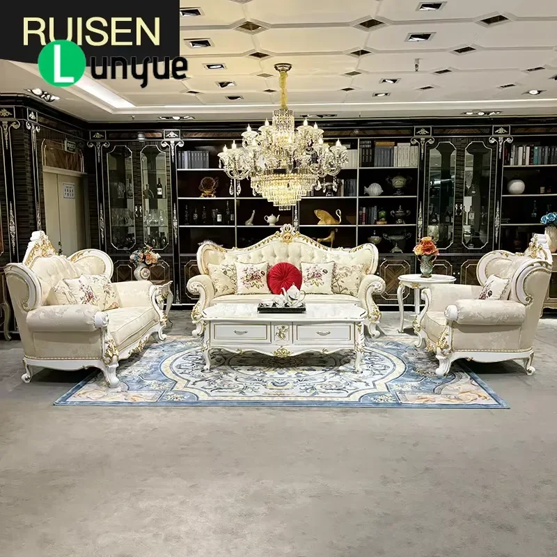French Fabric Sofa Set 123 Luxury Solid Wood Embroidered Couch for Villa Estate Living Room Elegant Home Furniture