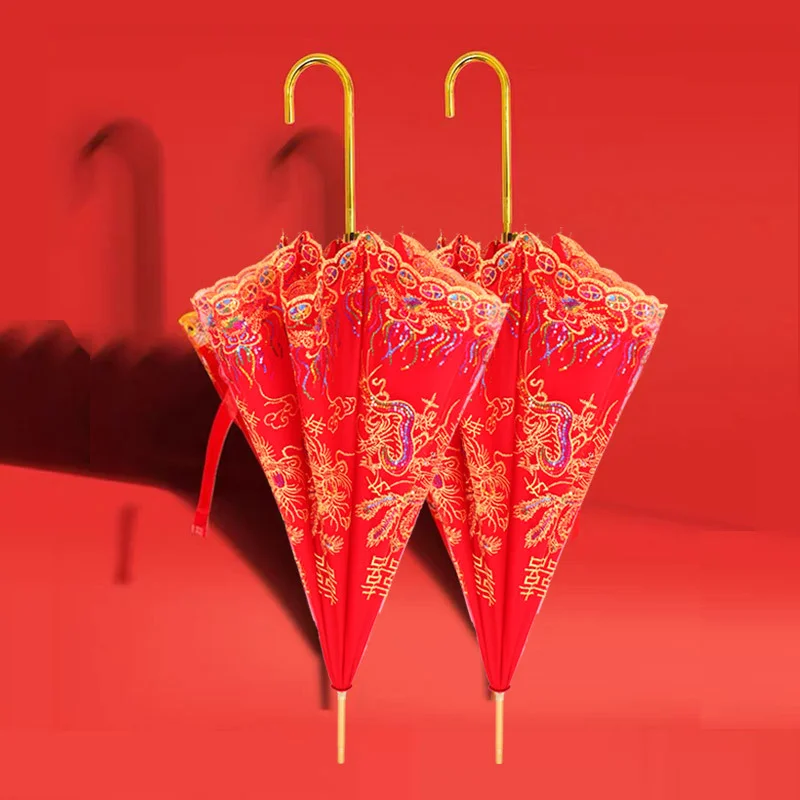 

Красный свадебный зонт для невесты, зонт для свадебной церемонии, зонт с кружевной отделкой в новом китайском стиле, с длинной ручкой, винтажный