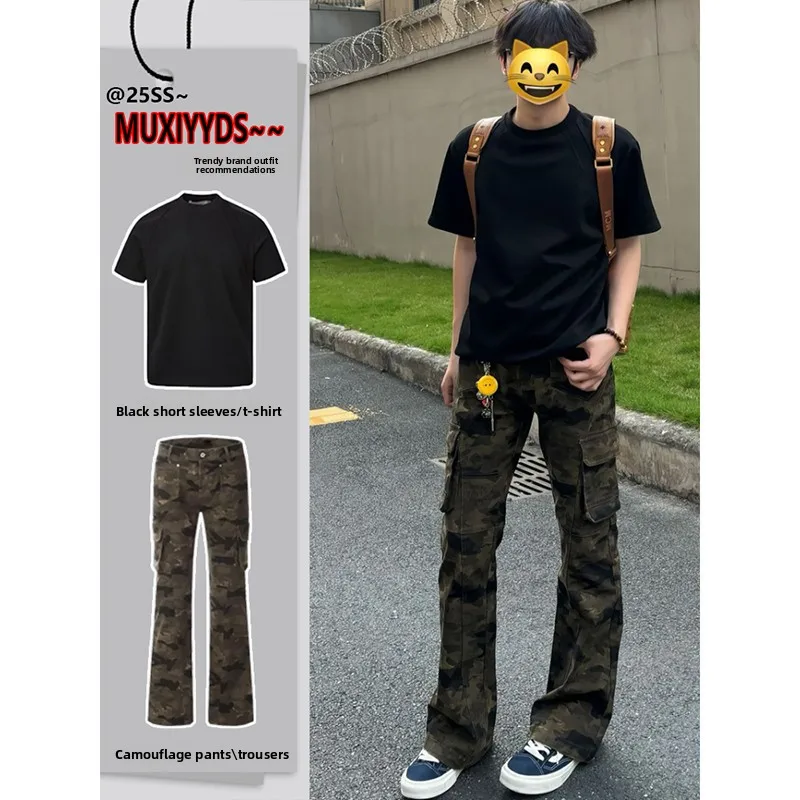 

American High Street Camouflage Jeans Men Summer Thin Handsome Whole Set OOTD Outfit Straight Leg Flared Long Pants