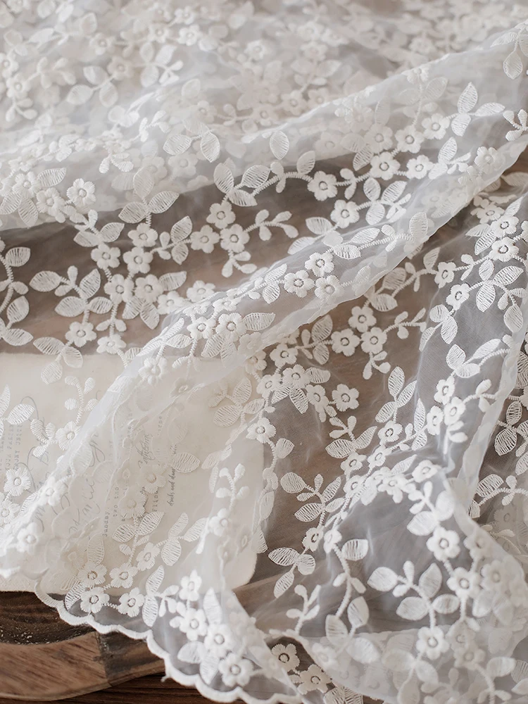 Beige Floral Embroidery Organza Fabric for Wedding Dress Curtain Lace Decoration By The Meter