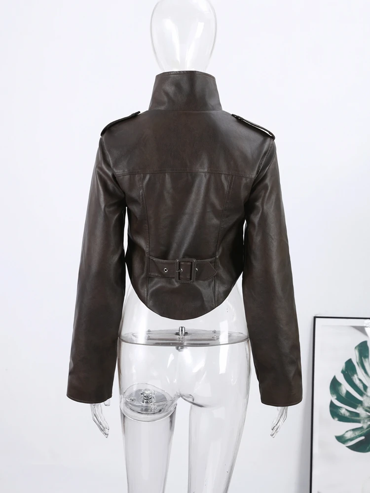 2026 ربيع المرأة اقتصاص بولي Leather سترة جلدية الوقوف طوق سحاب أكمام طويلة جاكيتات سيدة الموضة ريترو موتو السائق معطف أبلى