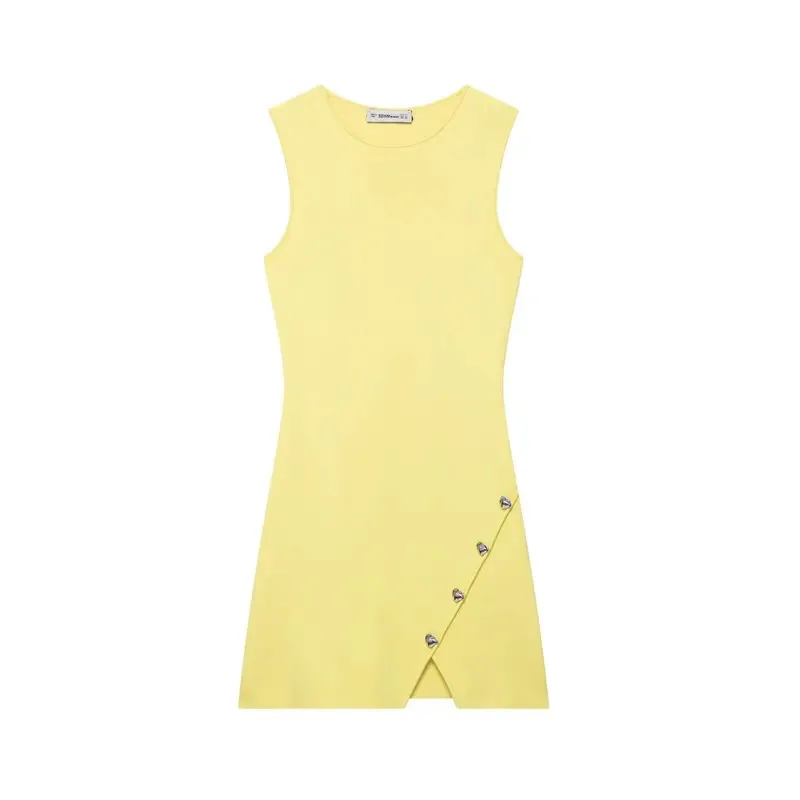 

Women's Butter Yellow Sleeveless round Neck Mini Dress Chic Party Knitted Solid Color Summer Fashion Sexy