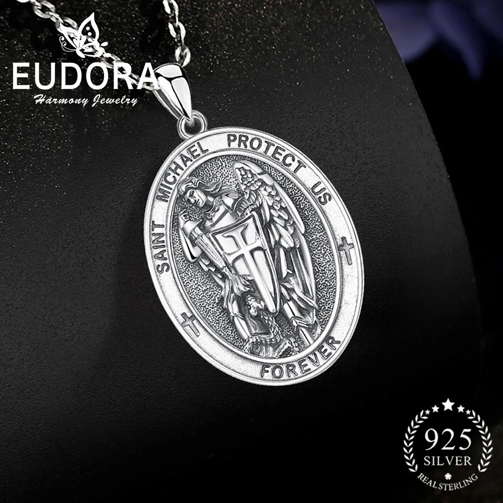 

Eudora Saint Michael Necklace 925 Sterling Silver Archangel Amulet Cross Pendant Protection Jewelry Vintage Gift for Men Woman