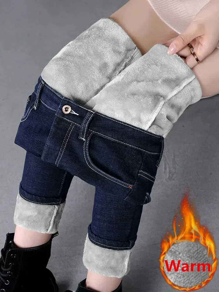 

Oversized Slim Velvet Lined Jeans Pencil Pants Women Plush Stretch Vaqueros Trousers Mid Waist Thicken Warm Denim Spodnie Z279