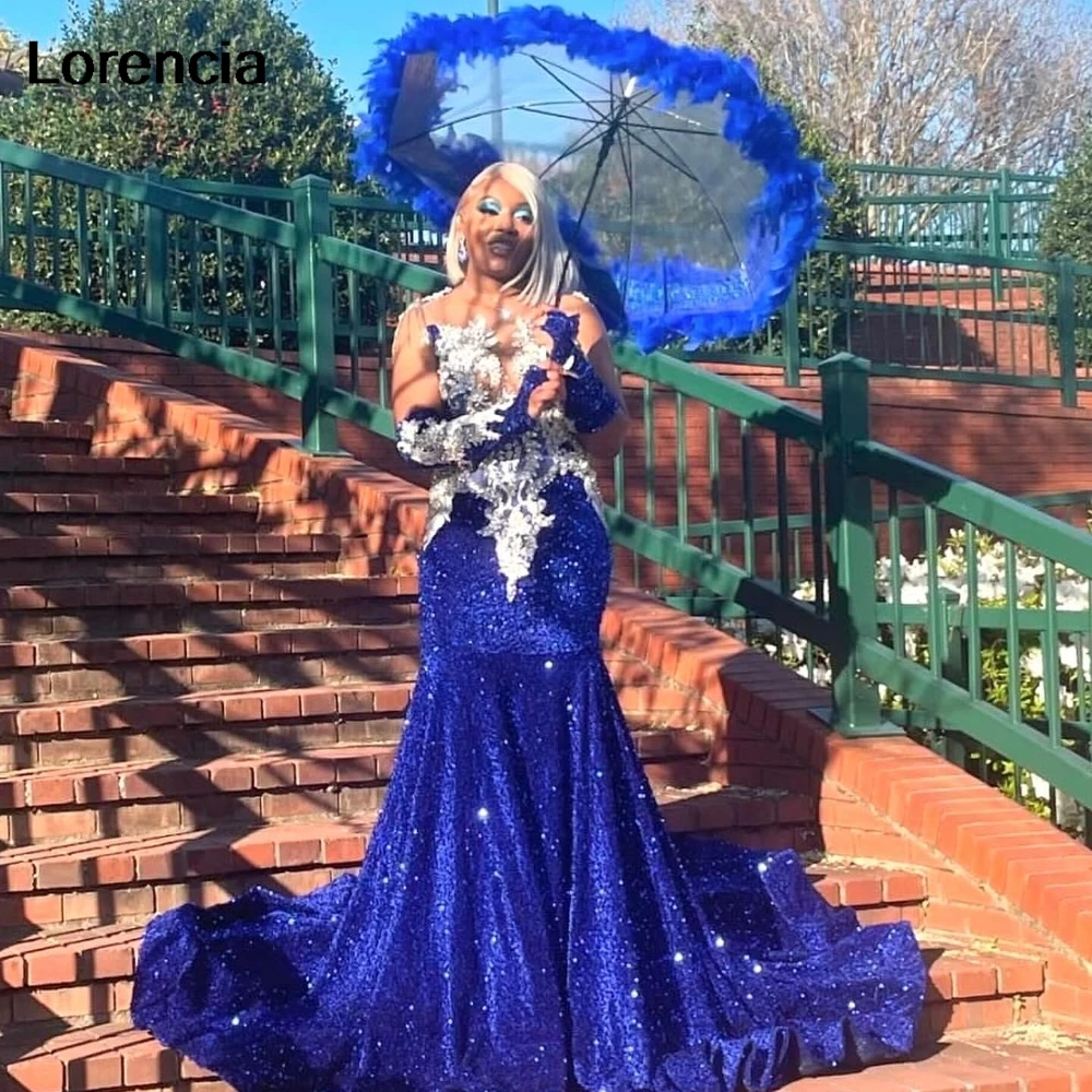 

Lorencia Sparkly Royal Blue Sequins Prom Dress Black Girls Silver Crystals Rhinestones Beaded Birthday Party Gala Gowns YPD136