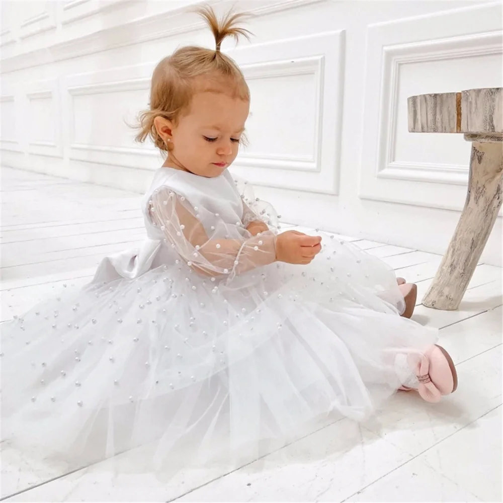 

First Communion Gowns White Angel Flower Girl Dresses Tulle Puffy Pearls Bow Long Sleeve Wedding Birthday Party Princess Gift