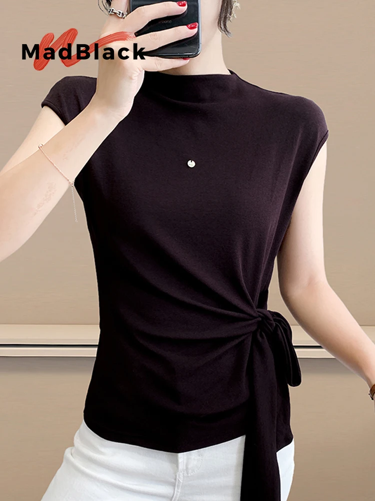 

MadBlack-женская европейская футболка, сексуальная лоскутная повязка на шею, уличная тонкая футболка без рукавов S-3XL, осень 2023, T59008CC