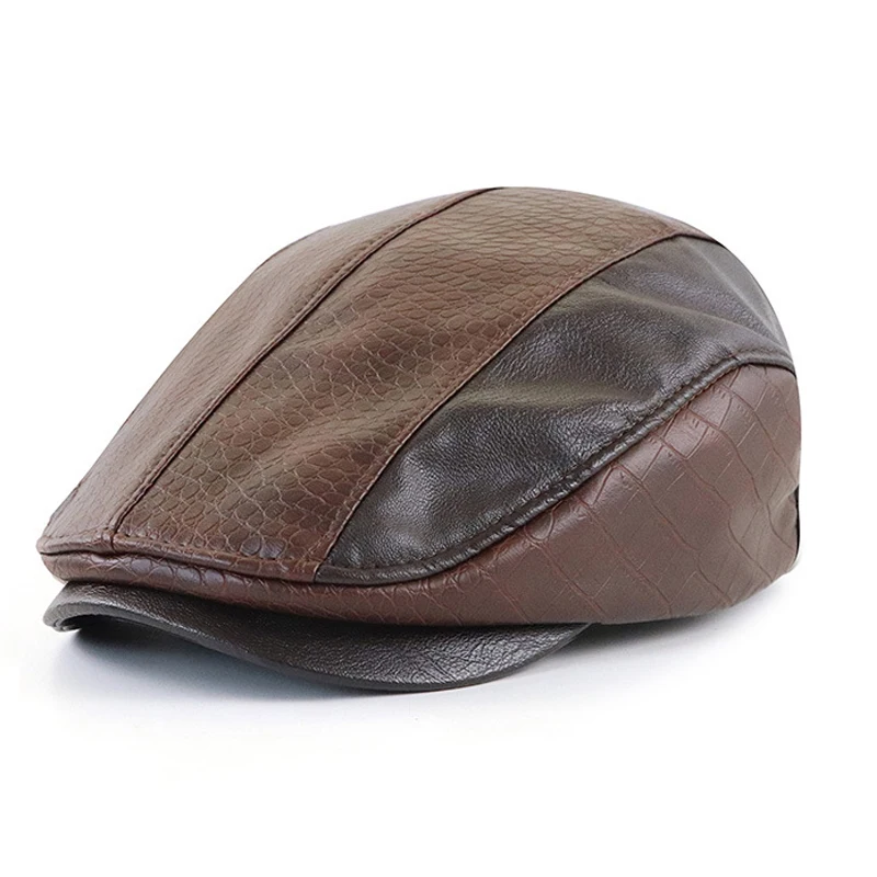 Retro PU Leather Beret Hat for Men Flat Peaked Cap For Mid Elderly Age Man Plaid Grain Forward Cap Autumn Winter Duckbill Visor