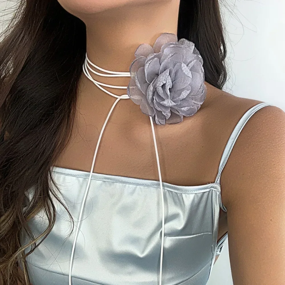 Black Rope Necklace Choker With Large Flower Women Jewelry Collar On Neck Wax Line Elegant Ladies Y2K Accessories 2023