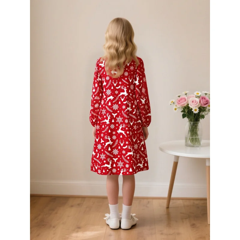 "أميرة عيد الميلاد" طباعة ندفة الثلج الرنة الحمراء - فستان بأكمام طويلة لموضوع عيد الميلاد، ملابس أطفال لطيفة #2