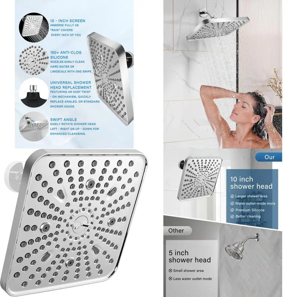 

10 Inch High-Pressure Shower Head with 6 Modes, Chrome Finish, Rainfall & Massage, Anti-Clog Nozzles, Easy Clean for Spa-Like Ex