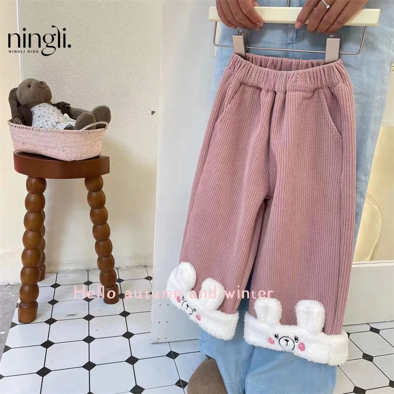 Girls' Pants Autumn and Winter New Fashion Baby Fleece-Lined Casual Trousers Children's Clothing Straight-Leg Pants Winter Cloth