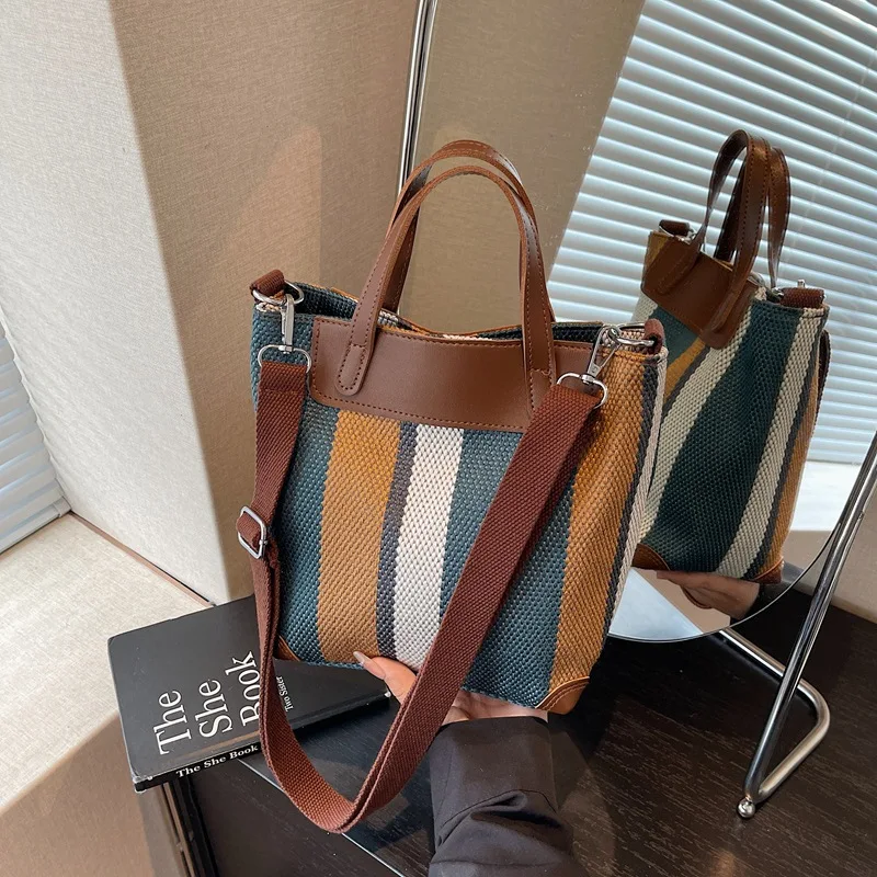 

New Contrasting Color Bucket Bag Women, Striped Woven Messenger Bag, High-end Cotton and Linen Shoulder Bag, Fashionable