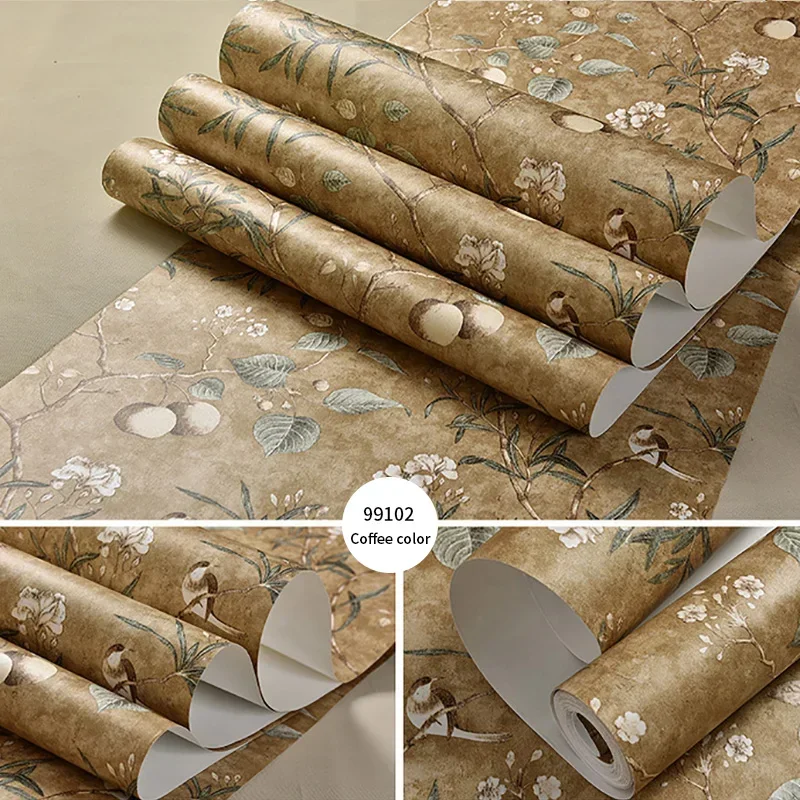 1Roll New Style Retro Old Flower Bird Apple Tree Pattern Rural Wallpapers Bedroom Living Room Non Woven Decorative Wall Paper