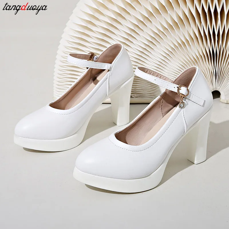 White Wedding Shoes Pumps Platform High Heels Women Ankle Strap Ladies Party Dance Shoe 2024 Elegant Block Heel Pumps