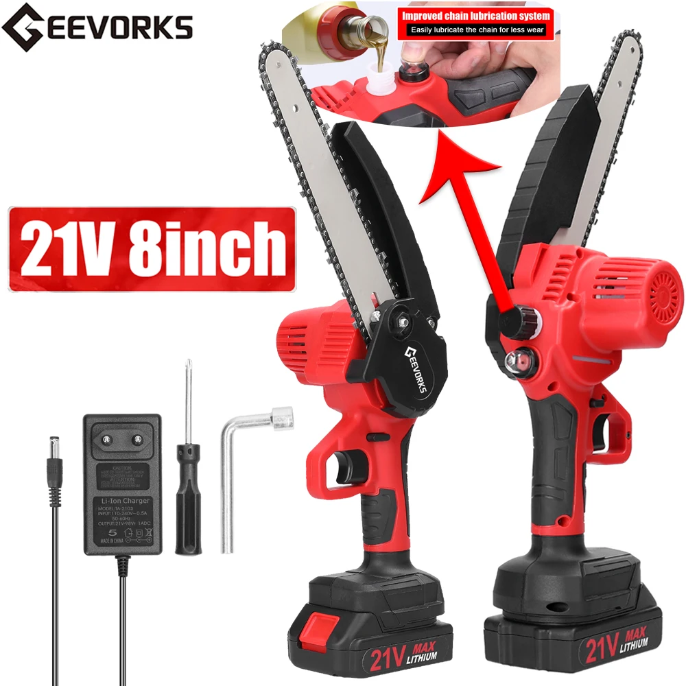 21V 8inch Electric Pruning Saws Small Wood Splitting Chainsaw Brush Motor One-handed Woodworking Tool with Lubrication System