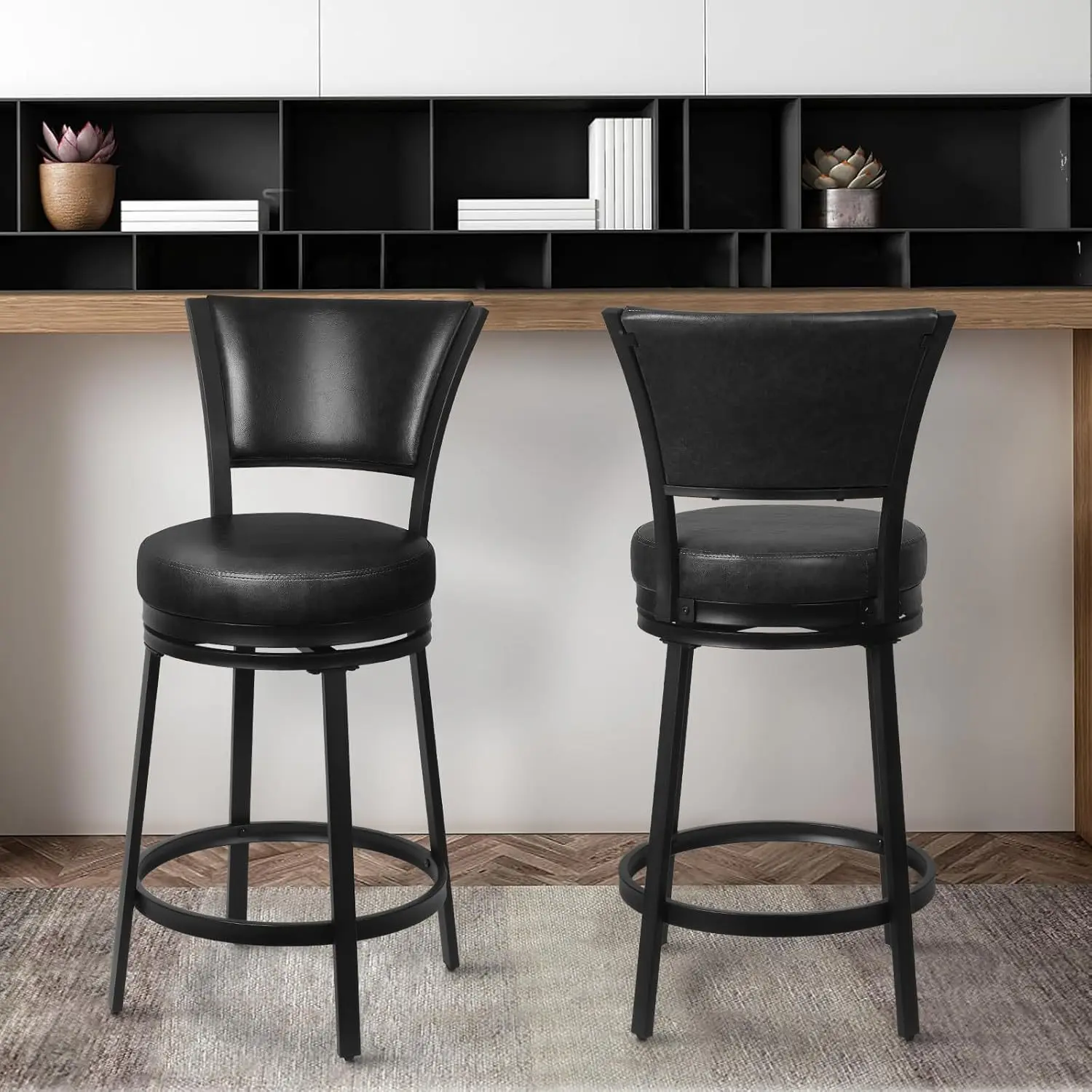 Kitchen Island Faux Leather Metal Round Rotary Padded Counter Stool with Backrest