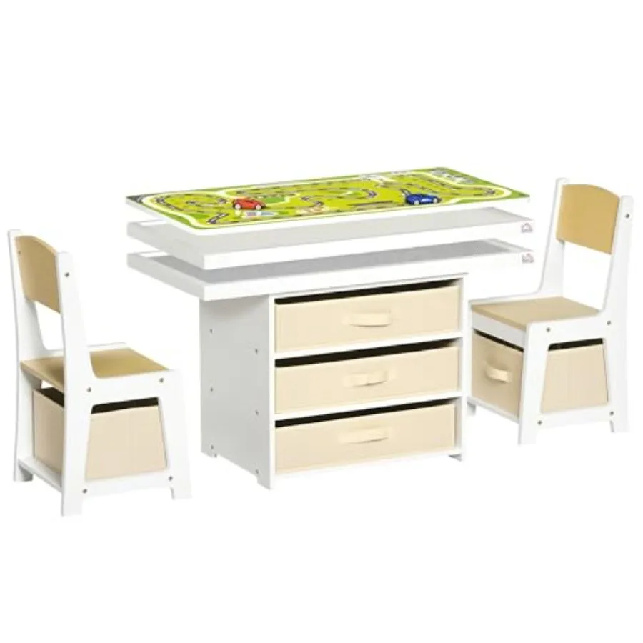 Qaba 3-in-1 activiteitentafel en stoelen set met 3 oppervlakken voor tekenen Lego Building Road Map met 2 auto's opbergmanden Waggel