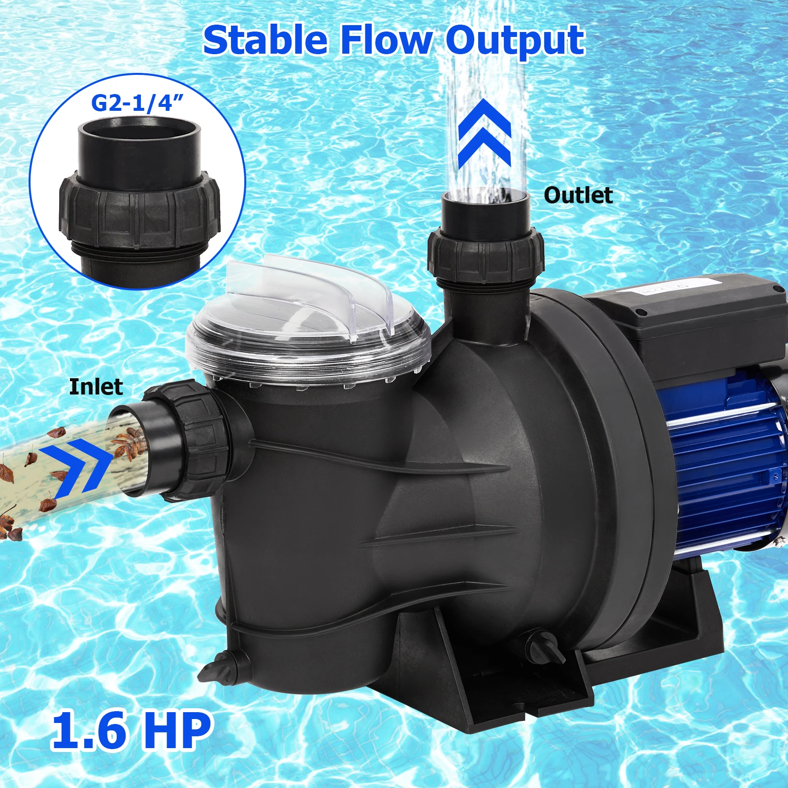 1.6HP In/Above Ground Single Speed Swimming Pool Pump, 1200W/115V, 6075GPH, High Flow, Powerful Self Pumps with Filter Basket