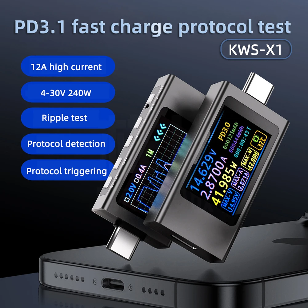 USB Power Meter KWS-X1 Type C Current Voltage Current Tester with HD IPS Display for Fast Charging Protocol Detection