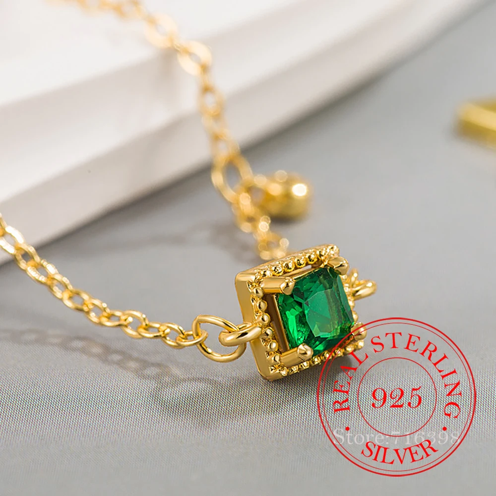 Luxury S925 Sterling Silver Female Bracelet 14K Gold Square Emerald Crytal Bracelets For Women Girls Fine Jewelry Wedding Gift