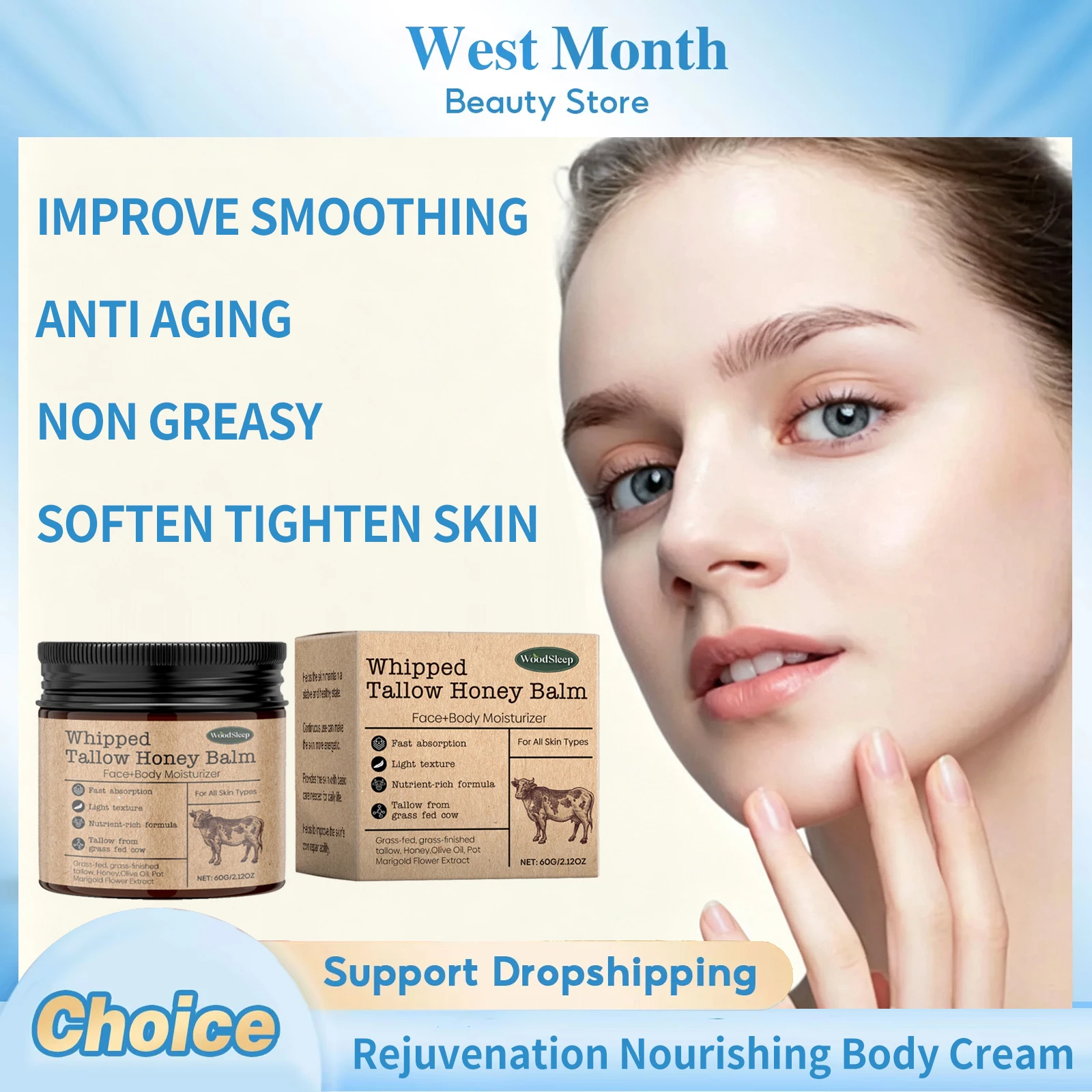 Beef Tallow Honey Balm Increase Elasticity Improve Dryness Skin Barrier Repair Moisturizer Brightening Deep Hydration Skin Care