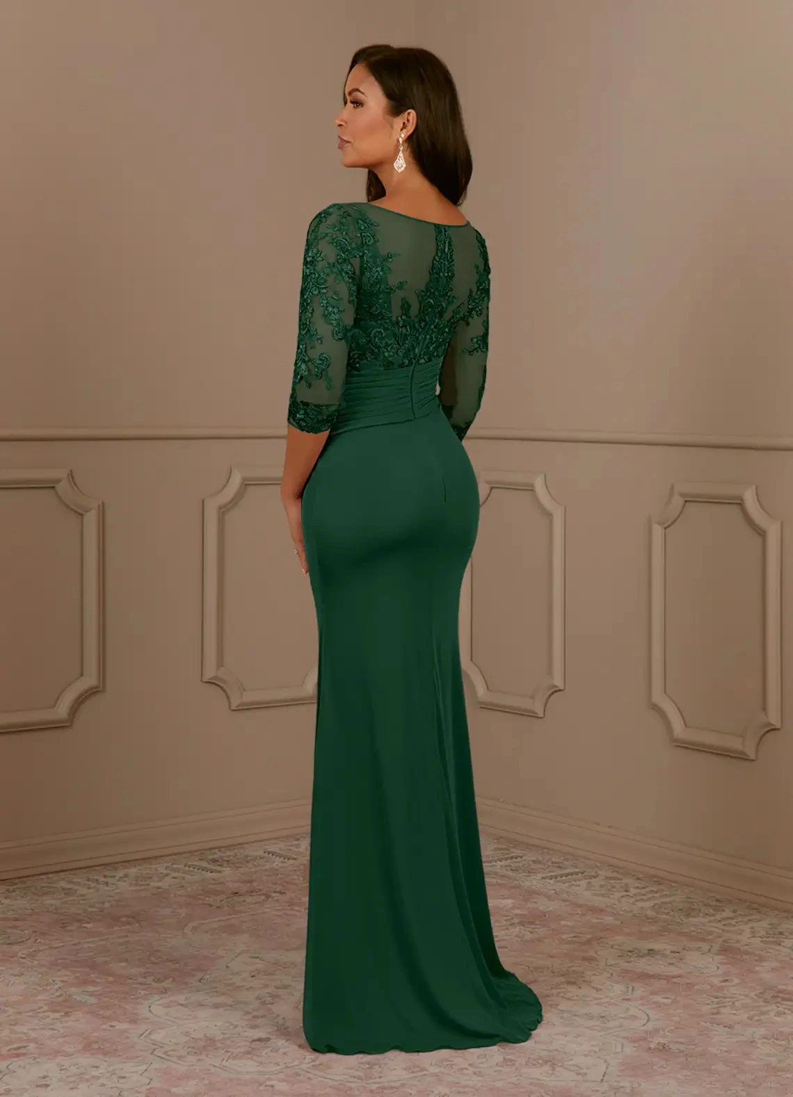 LorstudDark-Robe verte mère de la mariée, manches trois quarts, en dentelle, robe d\'invité de mariage, robe de soirée de RhYMD13