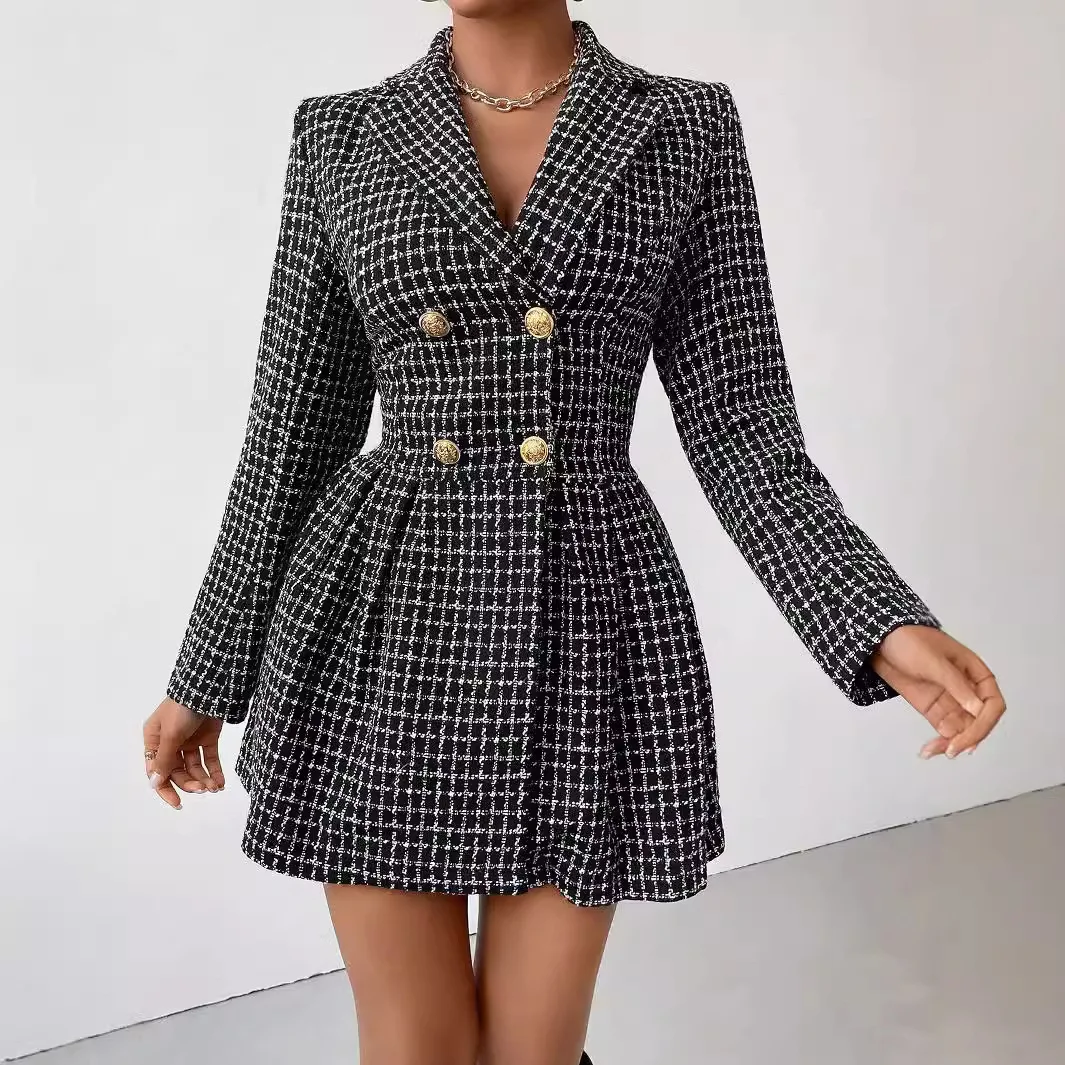 Women's Winter New Fashion Plaid Temperament Commuting V-neck Long Sleeved Skirt Jacket