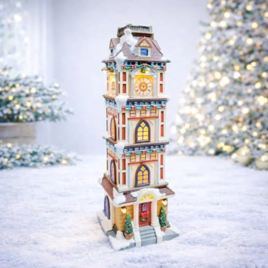 

MOMENTS IN TIME Lighted Christmas Clock Tower 14.5" LED Hand-Painted Polyresin Village Decoration Battery Operated Elegant Holi