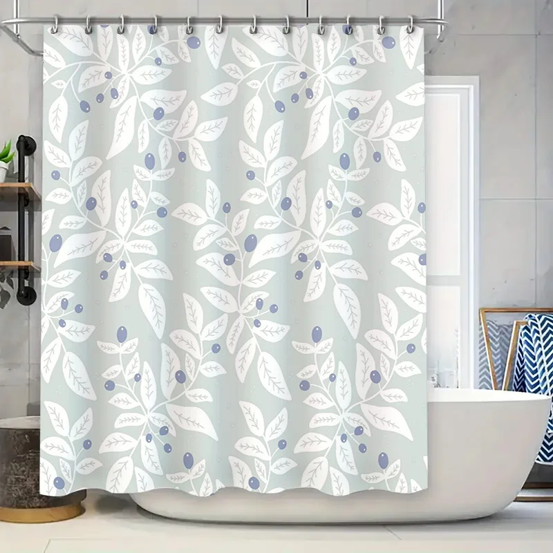

Белая занавеска для душа с цветочным принтом и голубыми ягодами, декор для ванной комнаты, водонепроницаемая съемная ткань для украшения дома, светло-зеленая маленькая S