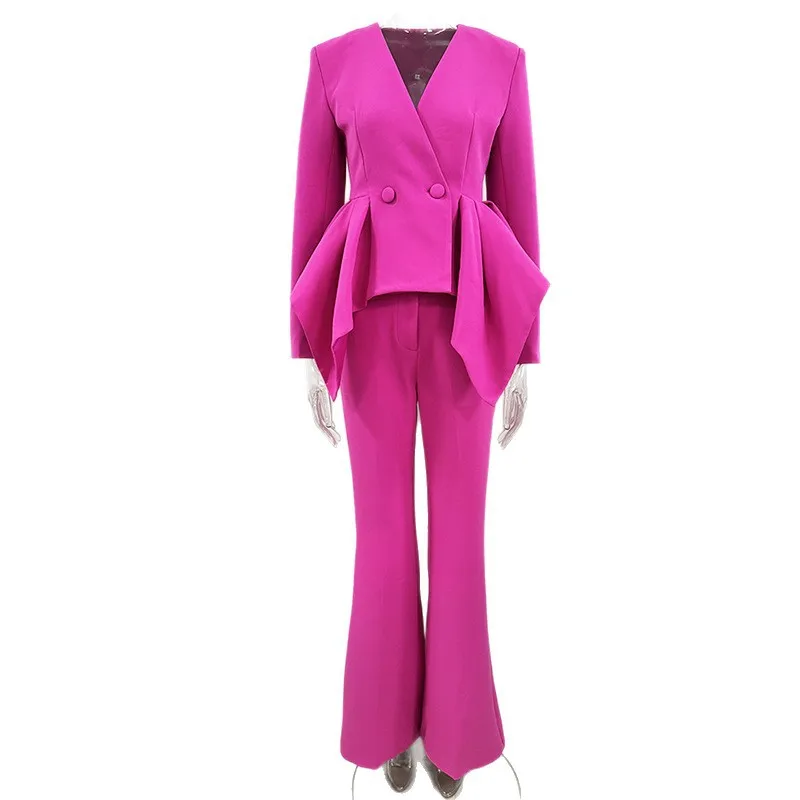 Fashion Peplum Double Breasted Blazer Sets Women Flare Trousers Two Piece Outfits for Prom Cocktail Club Night Party Concerts