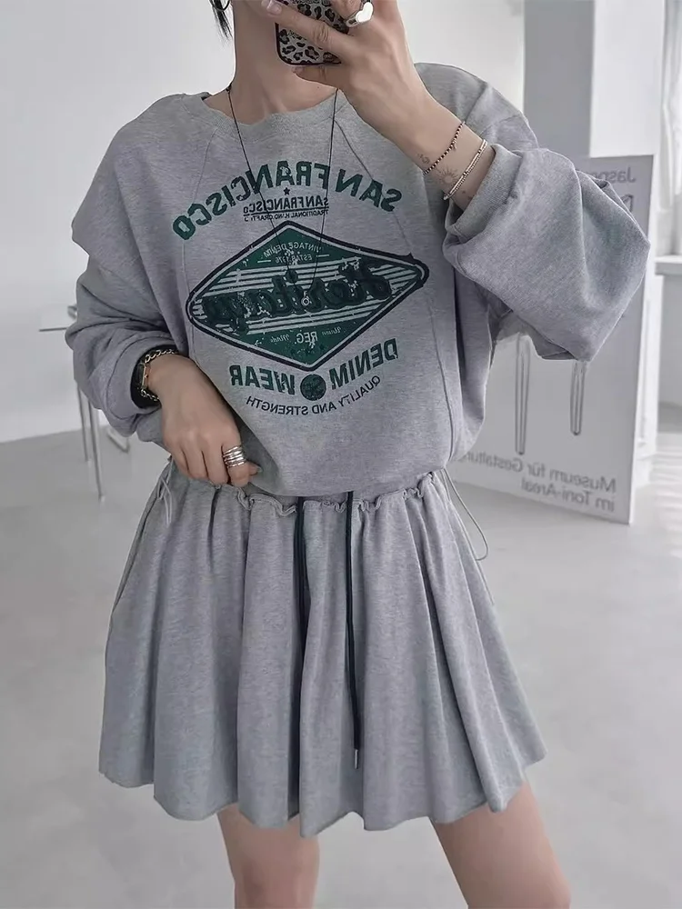 

Autumnal American Retro Letter Print Long Sve Hoodie Women's High Waist f Skirt Set Commute Sle Faionable Ensemble