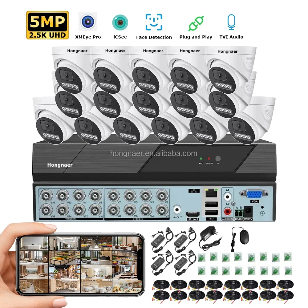 2026 Hongnaer 5MP 16CH AHD Digital Video Recorder IP Analog Surveil Security Camera Set Kit System XMEye Pro ICSee CCTV Camera S